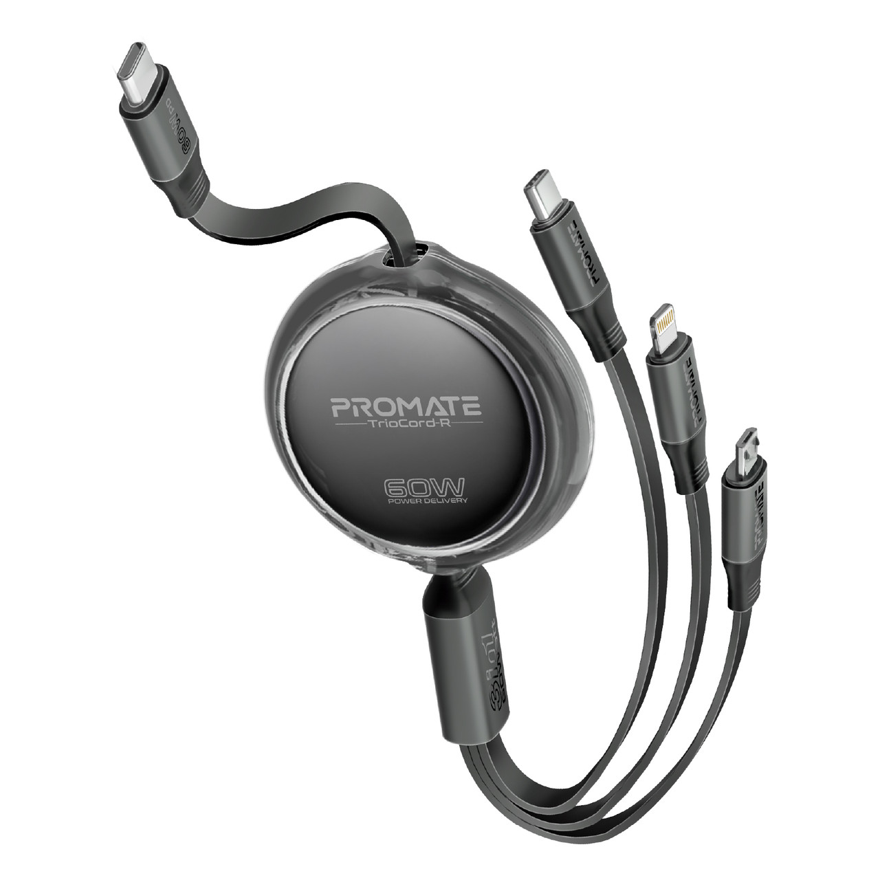 Кабель Promate TrioCord-R USB-C to 27W Lightning коннектор/ 60W USB-C / micro-USB 1.1 м Black (triocord-r.black)