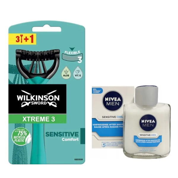Чоловічі одноразові станки Wilkinson Sword Xtreme 3 Sensitive 3+1 + Nivea Men Sensitive Cooling бальзам після гоління 100 мл