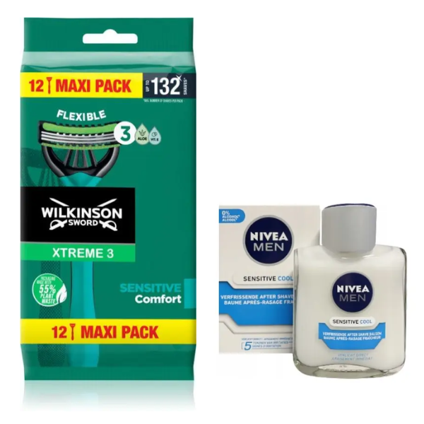 Одноразові станки Wilkinson Sword Xtreme 3 Sensitive (12 шт.) + Nivea Men Sensitive Cooling бальзам після гоління 100 мл