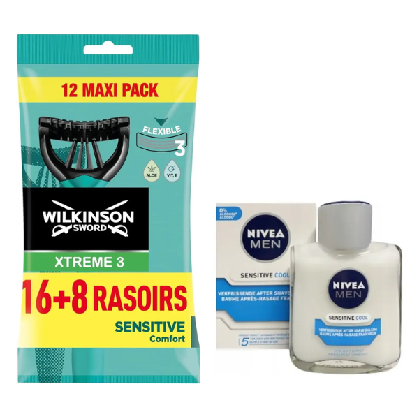 Одноразові станки Wilkinson Sword Xtreme 3 Sensitive (16+8 шт.) + Nivea Men Sensitive Cooling бальзам після гоління 100 мл