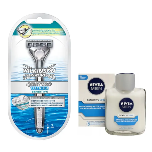 Станок для гоління Wilkinson Sword Quattro Titanium Sensitive 1 картридж + Nivea Men Sensitive Cooling бальзам після гоління
