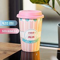 Багаторазовий керамічний стакан 420 мл I have the best mom із силіконовою кришкою та отвором для трубочки