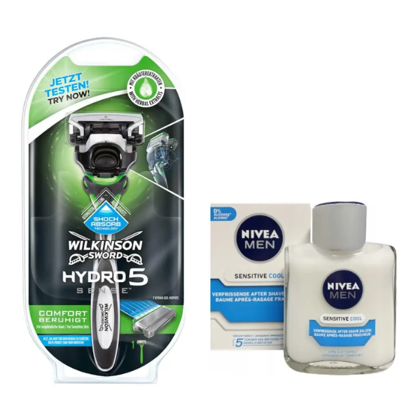 Чоловічий станок для гоління Wilkinson (Schick) Hydro 5 Sense 1 картридж + Nivea Men Sensitive Cooling бальзам після гоління 100 г