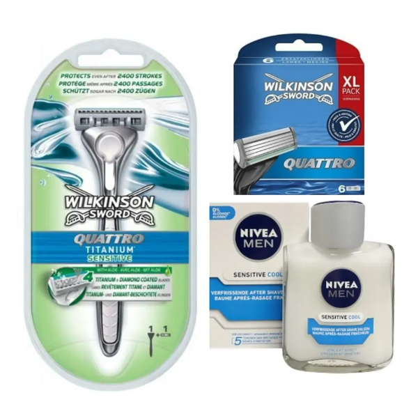 Станок Wilkinson Sword Quattro Titanium Sensitive + 6 картриджів + Мило для гоління Wilkinson Sword для чутливої шкіри 125 г