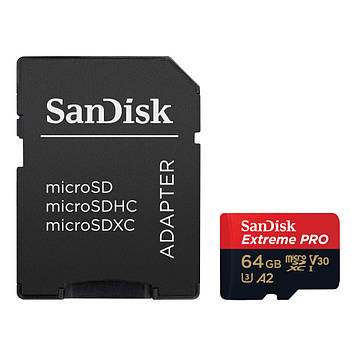 Карта пам'яті 64 ГБ microSDXC UHS-I U3 A2 SanDisk Extreme Pro SDSQXCU-064G-GN6MA, швидкість читання 200 МБ/с, клас U3