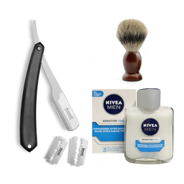 Небезпечна бритва Wilkinson Sword Barber's Style The Pioneer + Помазок Shima + Nivea Men Sensitive Cooling бальзам після гоління