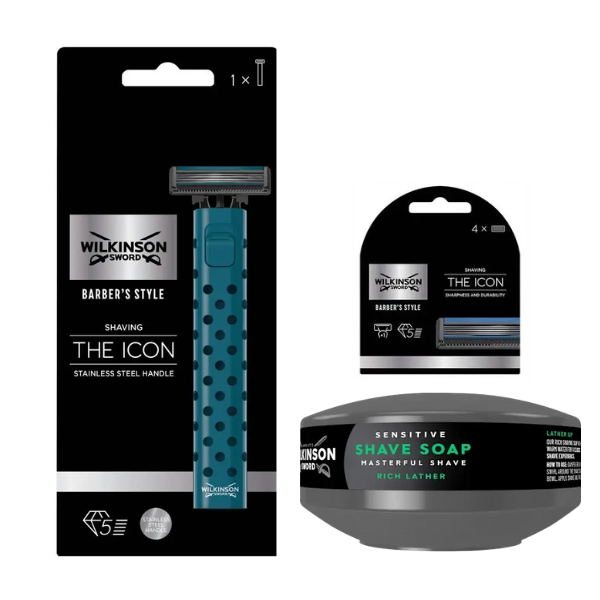 Станок Wilkinson Sword Barber's Style The Icon + 4 касети + Мило для гоління Wilkinson Sword для чутливої шкіри 125 г