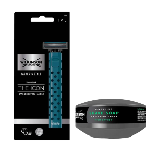 Станок для гоління Wilkinson Sword Barber's Style The Icon + Мило для гоління Wilkinson Sword для чутливої шкіри 125 г