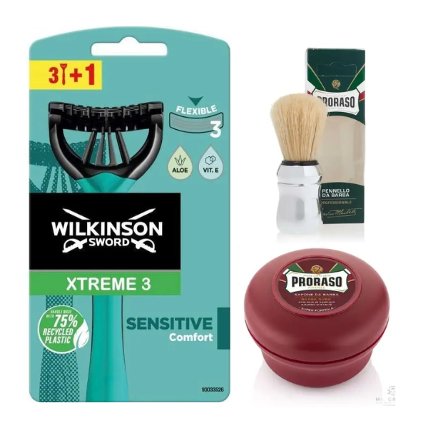Станок Wilkinson Sword Xtreme 3 Sensitive 3+1 + Proraso помазок + мило для гоління Proraso з сандаловим маслом 150 мл