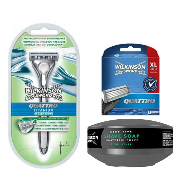 Станок Wilkinson Sword Quattro Titanium Sensitive + 6 картриджів + Мило для гоління Wilkinson Sword для чутливої шкіри 125 г
