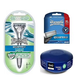 Станок Wilkinson Sword Quattro Titanium Sensitive + 6 картриджів + Wilkinson Essential Мило для гоління, 125 г