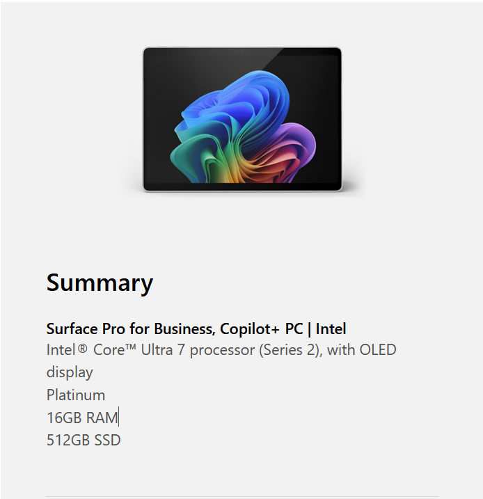 Microsoft 13" Surface Pro for Business Intel Ultra 7 266V | 16GB | 512GB | OLED Copilot+ PC 11th Edition