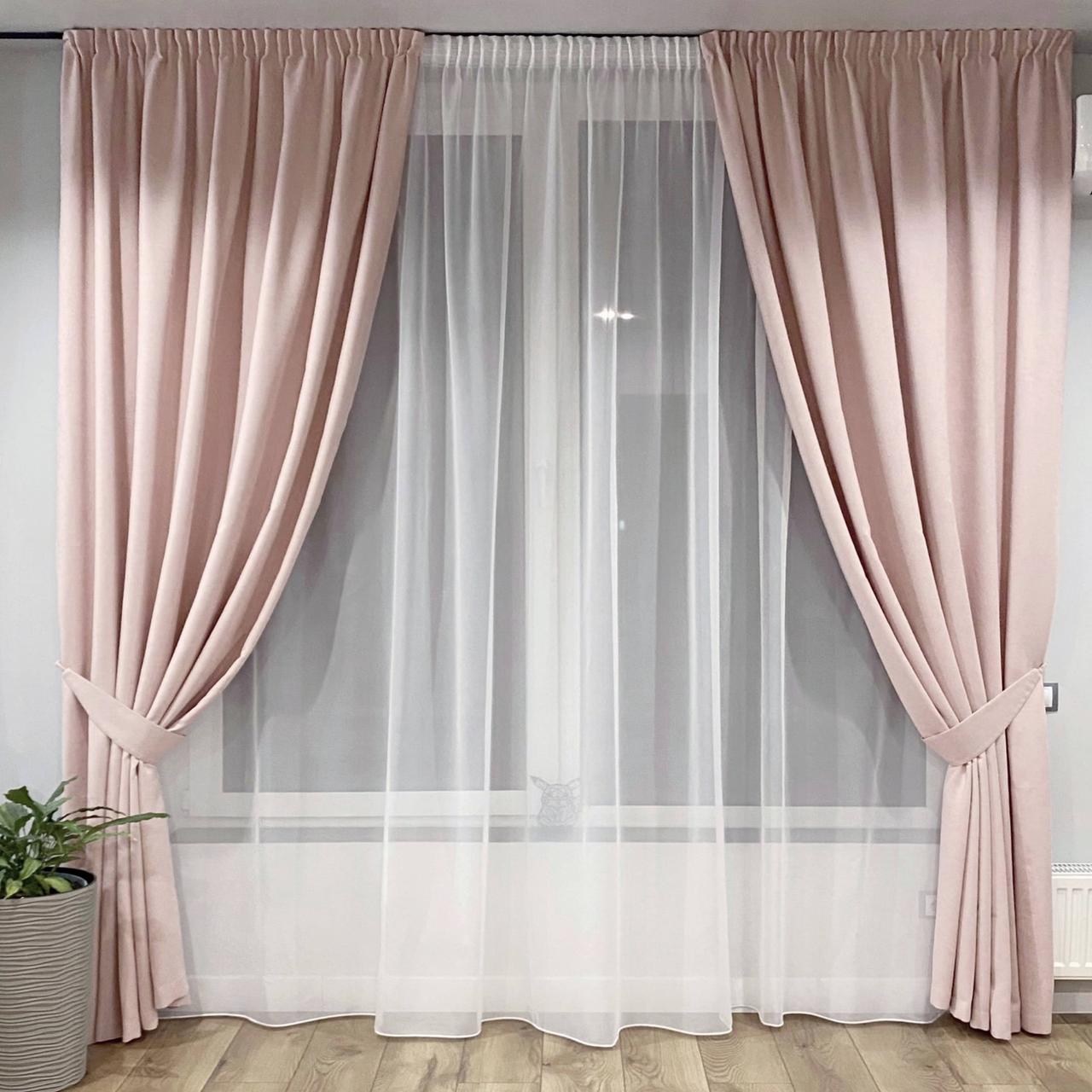 Комплект штори на тасьмі 2 шт з підхватами 150х250 см мікровелюр Світло-рожевий, вуаль 300 см Білий, фото 1