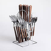 Набір столових приборів на 6 персон з дерев'яними ручками на підставці столові прибори 24 шт Срібло