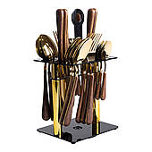 Набір столових приборів на 6 персон з дерев'яними ручками на підставці столові прибори 24 шт Золото