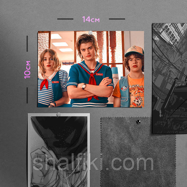 "Робин Бакли, Дастин Хендерсон, Стив Харрингтон (Дивні дива / Stranger Things)" плакат (постер) розміром А6 (14х10см), фото 1