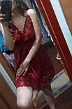 Бордовий жіночий атласний пеньюар обшитий мереживом зі стрінгами, фото 8