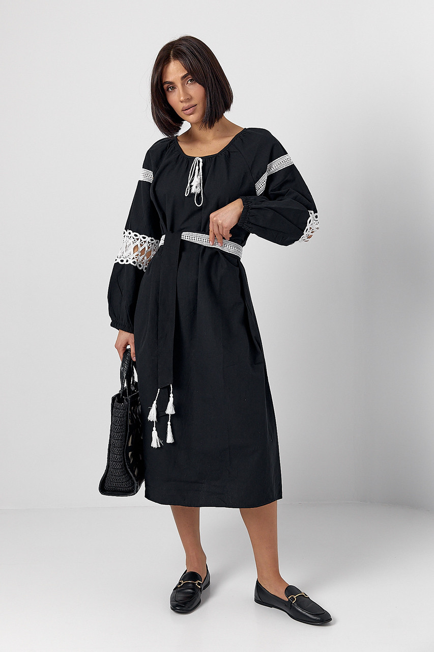 Сукня зі вставками макраме на поясі та рукавах - чорний цвет, XL (є розміри) S, Нове, фото 1