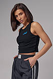 Спортивна жіноча майка в рубчик з вишивкою JH чорний трикотажний кроп топ жіночий, фото 2