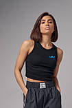 Спортивна жіноча майка в рубчик з вишивкою JH чорний трикотажний кроп топ жіночий, фото 7