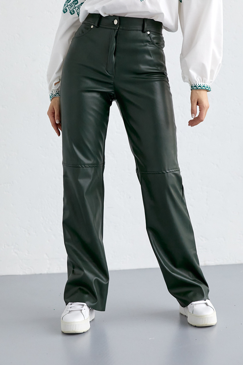 Брюки жіночі зі шкірозамінника з високою посадкою - темно-зелений цвет, S (є розміри), фото 1
