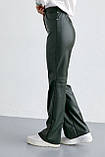 Брюки жіночі зі шкірозамінника з високою посадкою - темно-зелений цвет, S (є розміри), фото 5