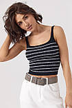 Коротка трикотажна жіноча майка смугаста в рубчик чорний базовий топ у смужку, фото 2