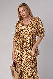 Літня жіноча сукня міді з леопардовим принтом світло коричнева пряма сукня з воланом розмір М, фото 4