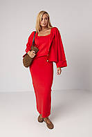 В'язаний теплий жіночий костюм трійка з кардиганом спідницею і топом червоний