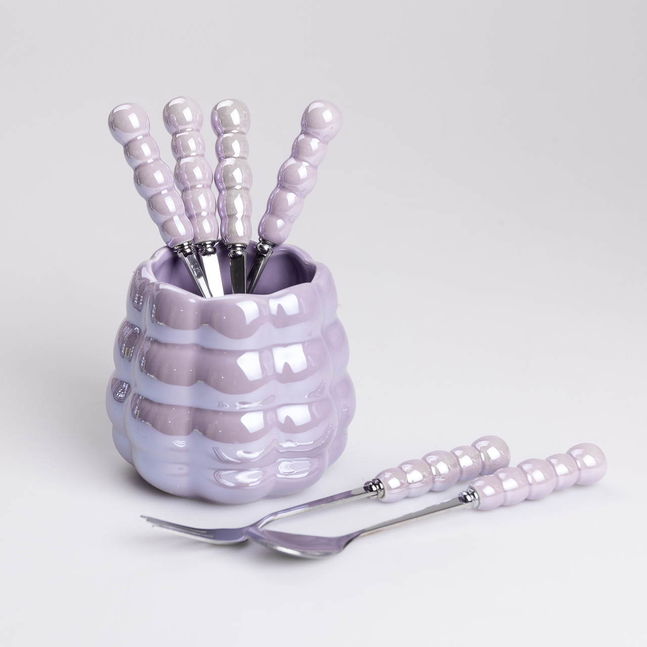 Набір десертних виделок і ложок на 3 персони з підставкою з кераміки 7 предметів Фіолетовий, фото 1