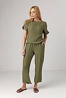 Літній жіночий костюм зі штанами та футболкою зелений брючний костюм із легкої тканини розмір S