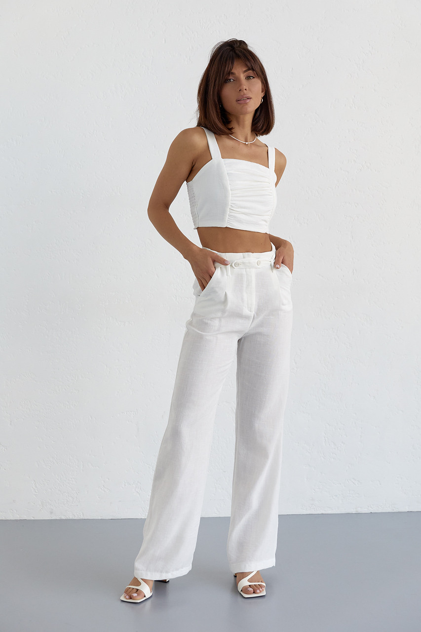 Бавовняний жіночий костюм зі штанами і топом молочний літній брючний костюм з легкої тканини розмір Л, фото 1