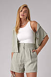 Літній жіночий костюм з жакетом і шортами м'ятний ошатний костюм шорти на літо розмір S, фото 4