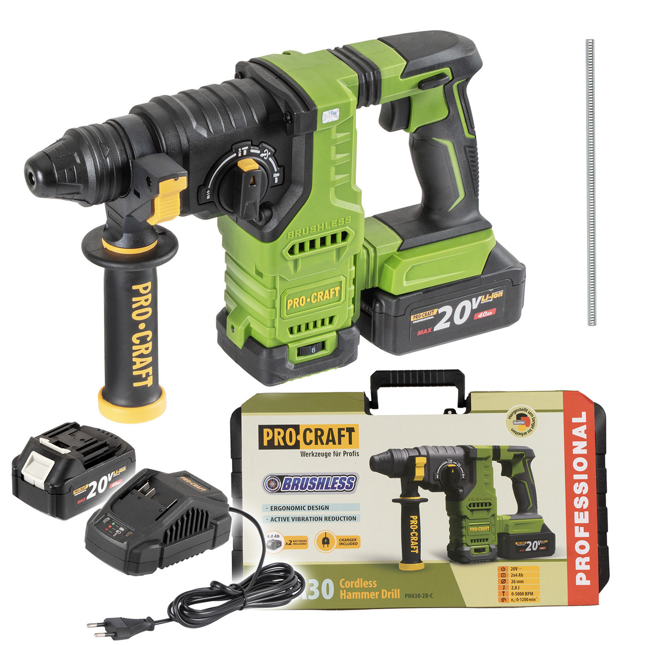 Акумуляторний перфоратор Procraft PHA30 (2 АКБ 20В 4Аг та ЗП), фото 1