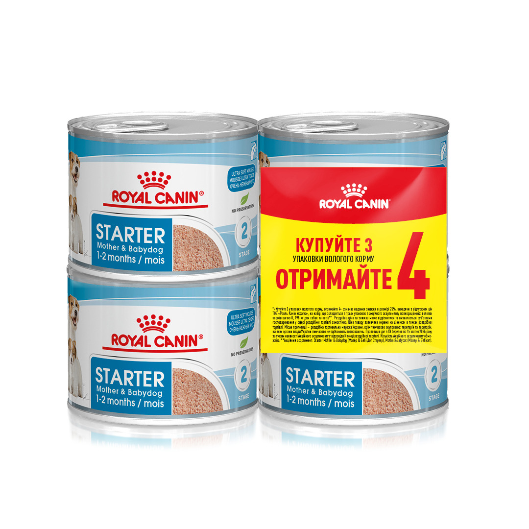 Акція! Royal Canin Starter Mousse вологий корм для цуценят і сук під час вагітності та лактації 195гр 3 + 1 шт