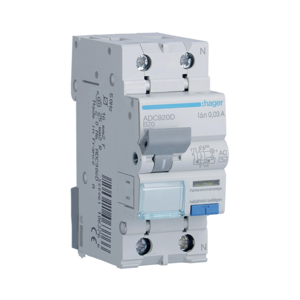 Диференційний автомат Hager Тип AC 1P+N 6kA B-20A 30mA ADC920D