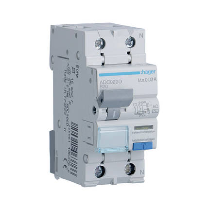 Диференційний автомат Hager Тип AC 1P+N 6kA B-20A 30mA ADC920D, фото 1
