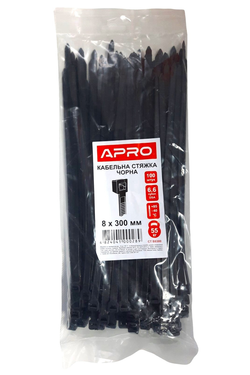 Хомут пластиковий APRO 8x300мм чорний (100шт) CT-B8300