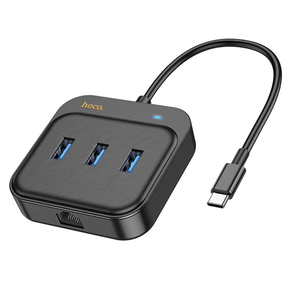USB хаб із входом Type-C HUB адаптер Hoco HB35 Easy link 4-in-1 Gigabit Ethernet (3*USB3.0, RJ45, 0.2m). Black
