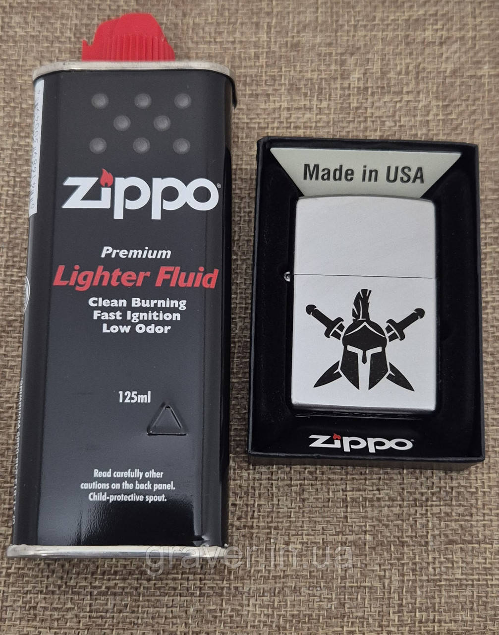 Комплект Zippo: Запальничка Zippo 205 з гравіюванням символу Штурмової роти ШР 710 БрО + бензин Zippo 125 мл, фото 1
