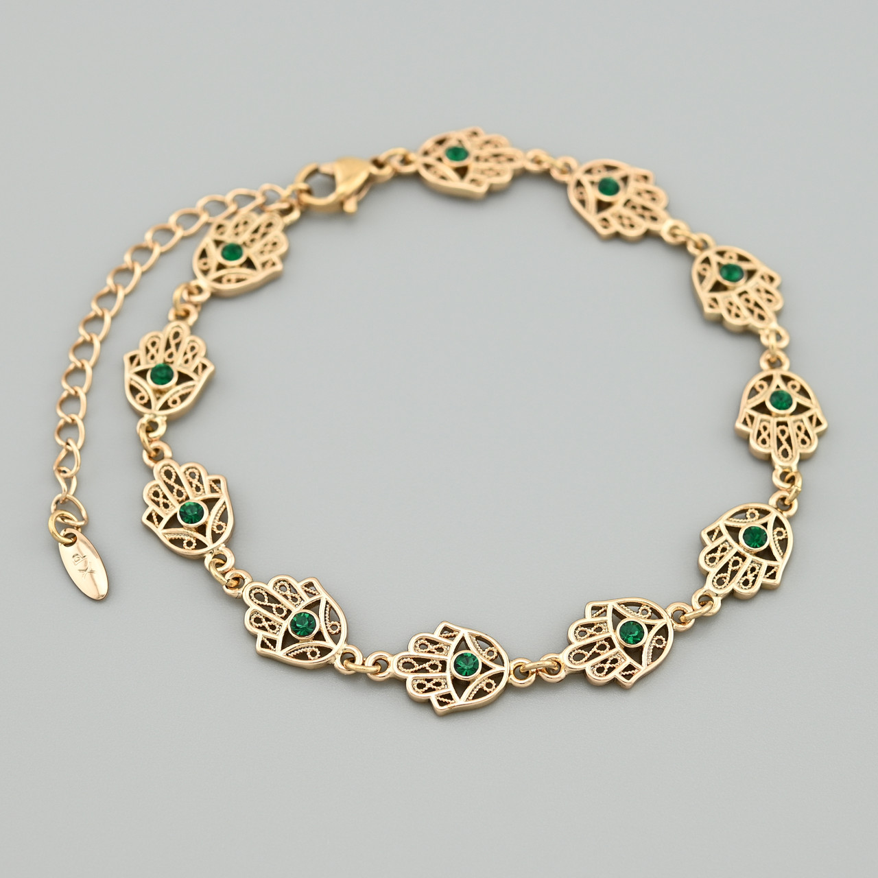 Браслет рука Фатіми 49556 ширина 9 мм зелені фіаніти позолота 18К довжина 19+3, фото 1