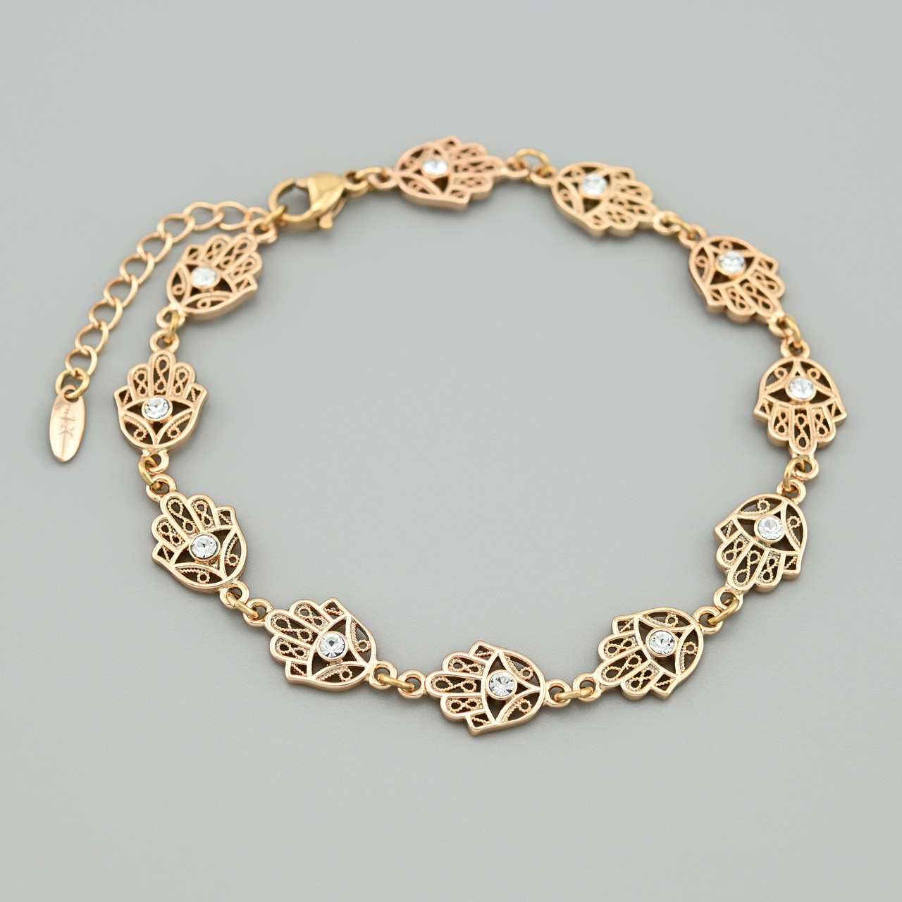 Браслет рука Фатіми 49556 ширина 9 мм білі фіаніти позолота 18К довжина 19+3, фото 1