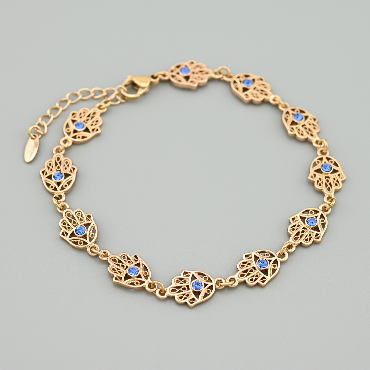 Браслет рука Фатіми 49556 ширина 9 мм сині фіаніти позолота 18К довжина 19+3, фото 1