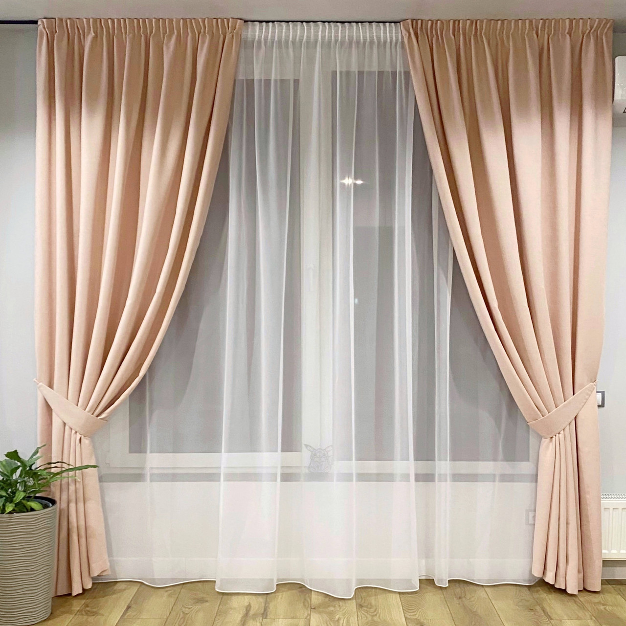 Комплект штори на тасьмі 2 шт з підхватами 200х250 см мікровел Рожево-пудровий вуаль 300 см Білий, фото 1