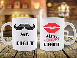 Парні білі чашки з принтом "Містер і Місіс"