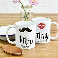 Парні білі чашки з принтом "Містер і Місіс"