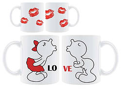 Парні білі чашки з принтом "Поцілунок Love"