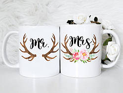 Парні білі чашки з принтом "Містер і Місіс"