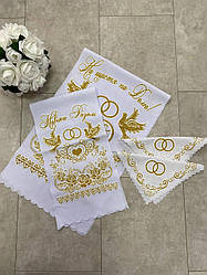 Вінчальний набір із золотим напиленням, 2 весільні рушники + 2 хустинки