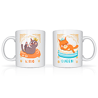 Парні білі чашки (кружки) з принтом "Cats King і Queen. Коти Король та Корольова"